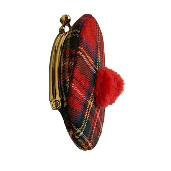 Women’s Red Plaid Wool With Gold Metal Kiss Lock & Frame Closure Coin Purse - Picture 4 of 7